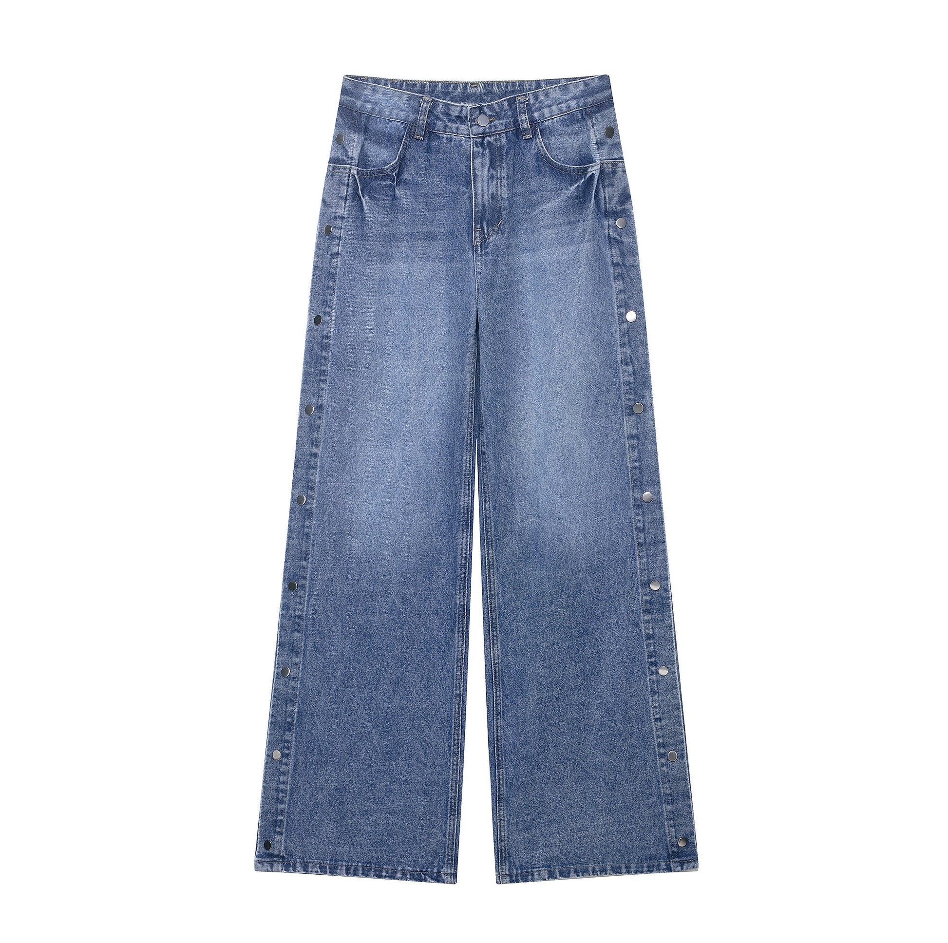 Women High Waist Loose Button Bell Bottom Leg Jeans Blue