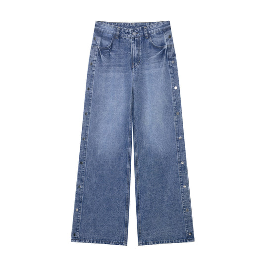 Women High Waist Loose Button Bell Bottom Leg Jeans Blue