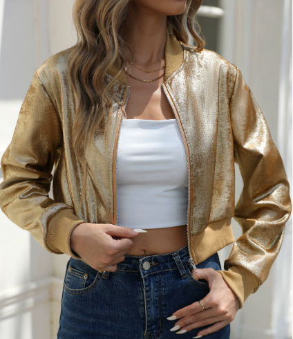Gold Foil Lame Vintage Bomber Long Sleeve Zipper Jacket 70's vibe Gold