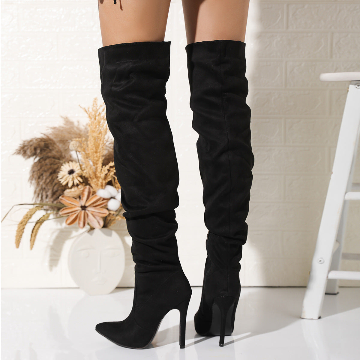 Over the Knee Ultrasuede Slouched Boots with High Heel Pointed Toe Black