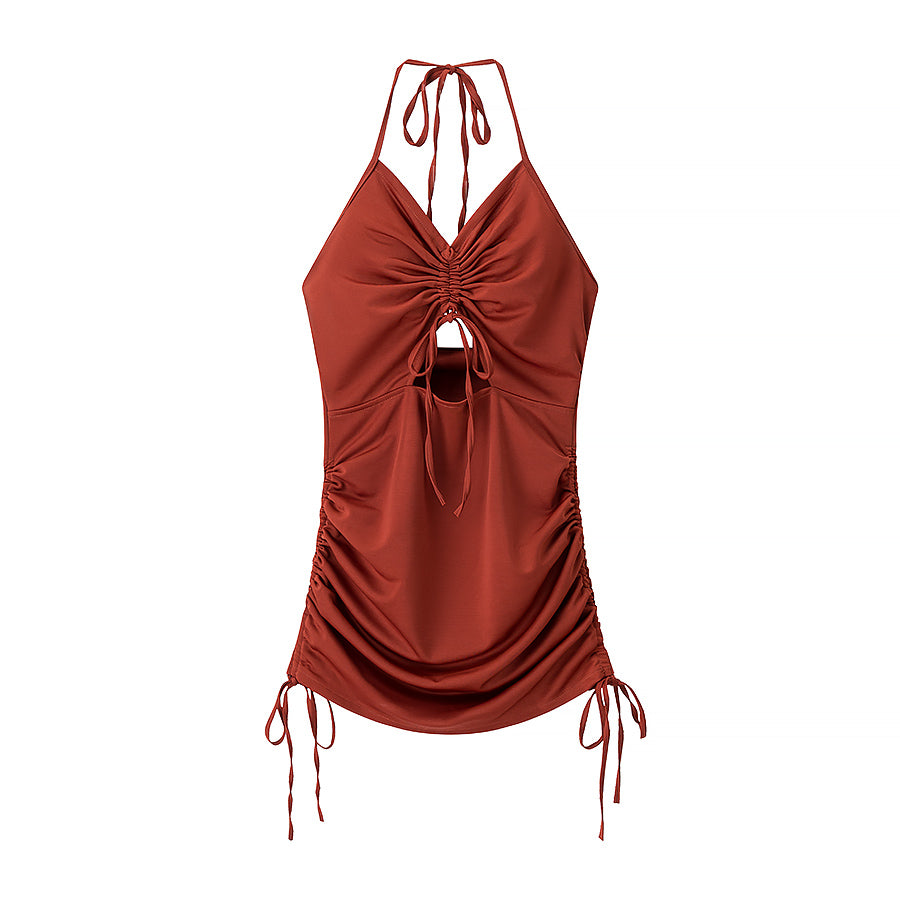 Sexy Mini Copper Shirred Cut Out Drawstring Dress