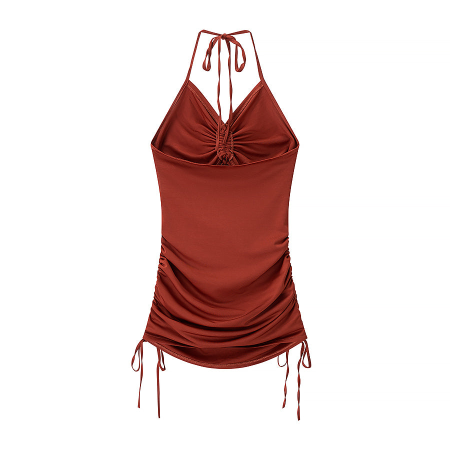 Sexy Mini Copper Shirred Cut Out Drawstring Dress