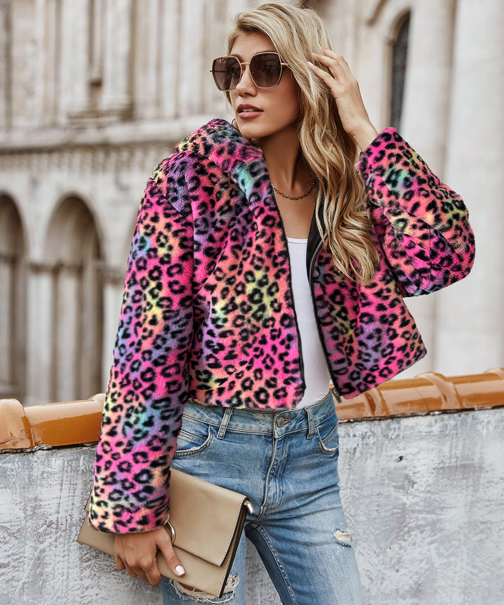 Faux Fur Leopard Coat Plush Short Coat Color Leopard Print