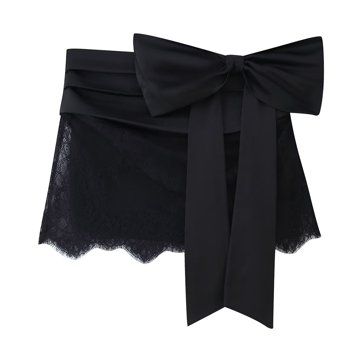 Black Sexy Patchwork Eyelash Lace Bow Mini Skirt Black