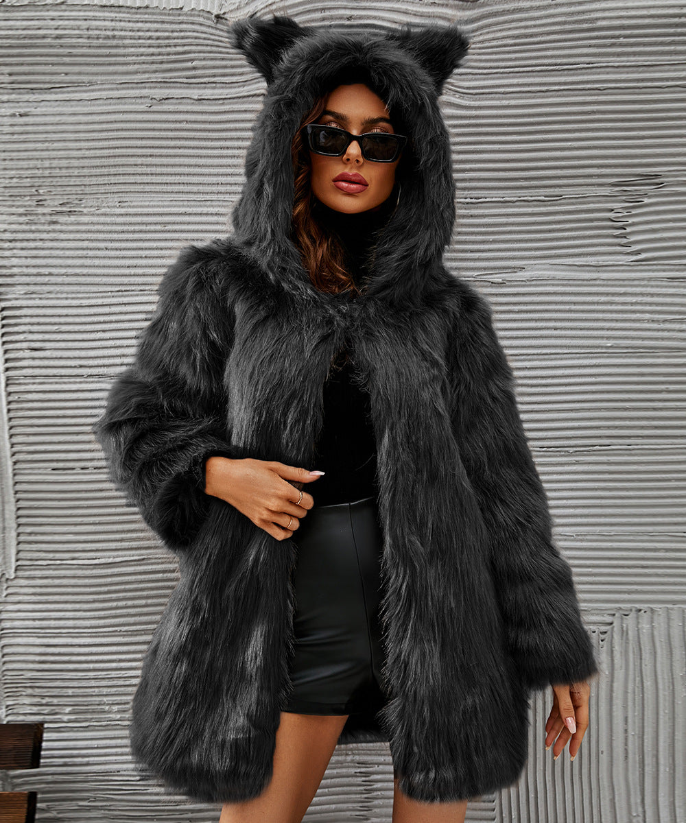 Faux Fur Hooded Ears Mid Length Coat Top Women Black