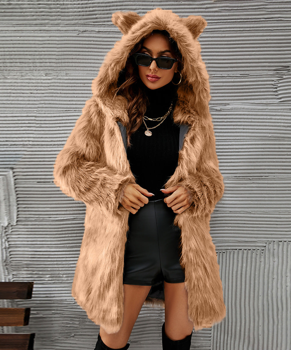 Faux Fur Hooded Ears Mid Length Coat Top Women camel