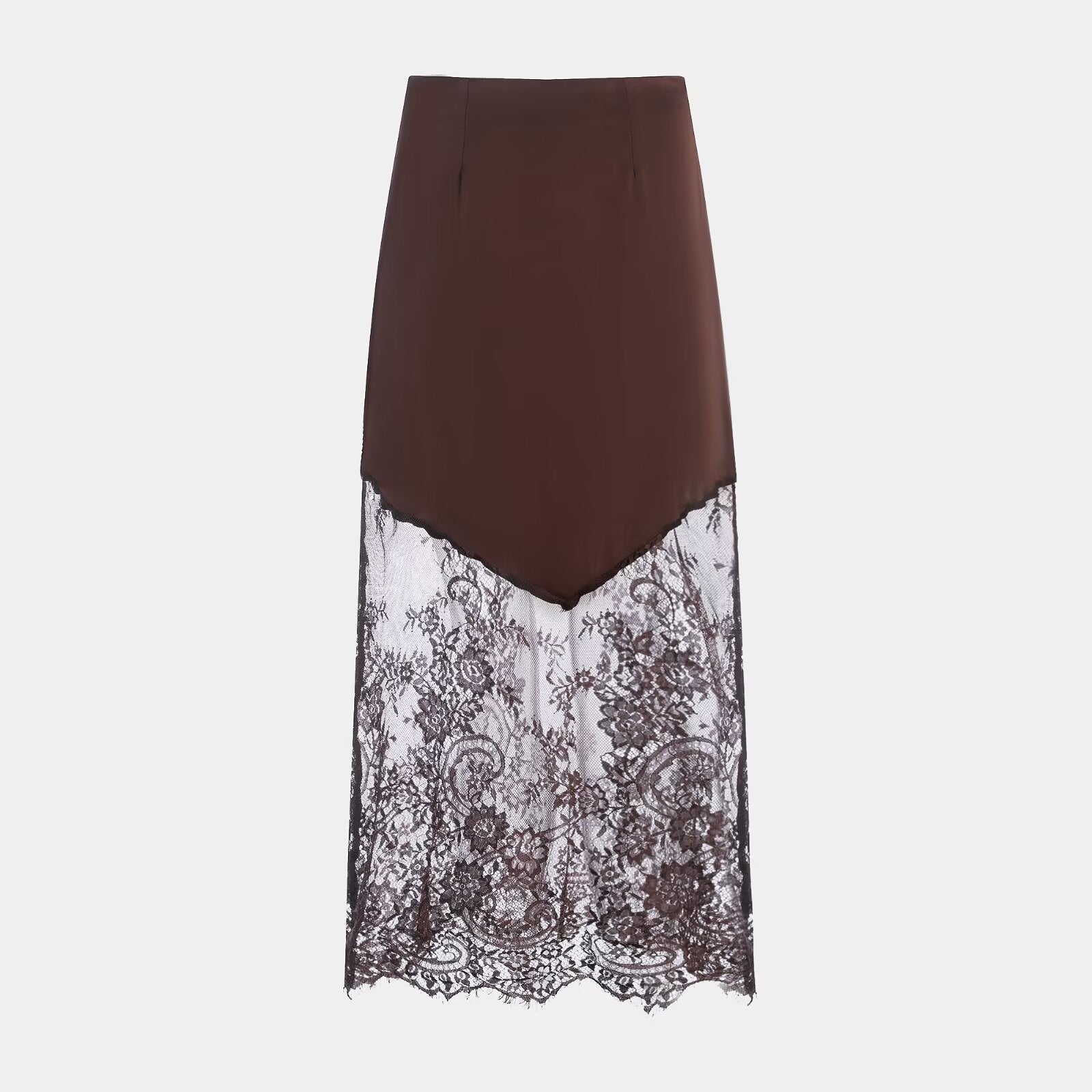 Ladies Sexy Satin Like Midi Skirt with Lace Peek a boo trim in Blk or Coffee Colorway