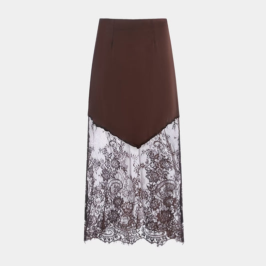 Ladies Sexy Satin Like Midi Skirt with Lace Peek a boo trim in Blk or Coffee Colorway