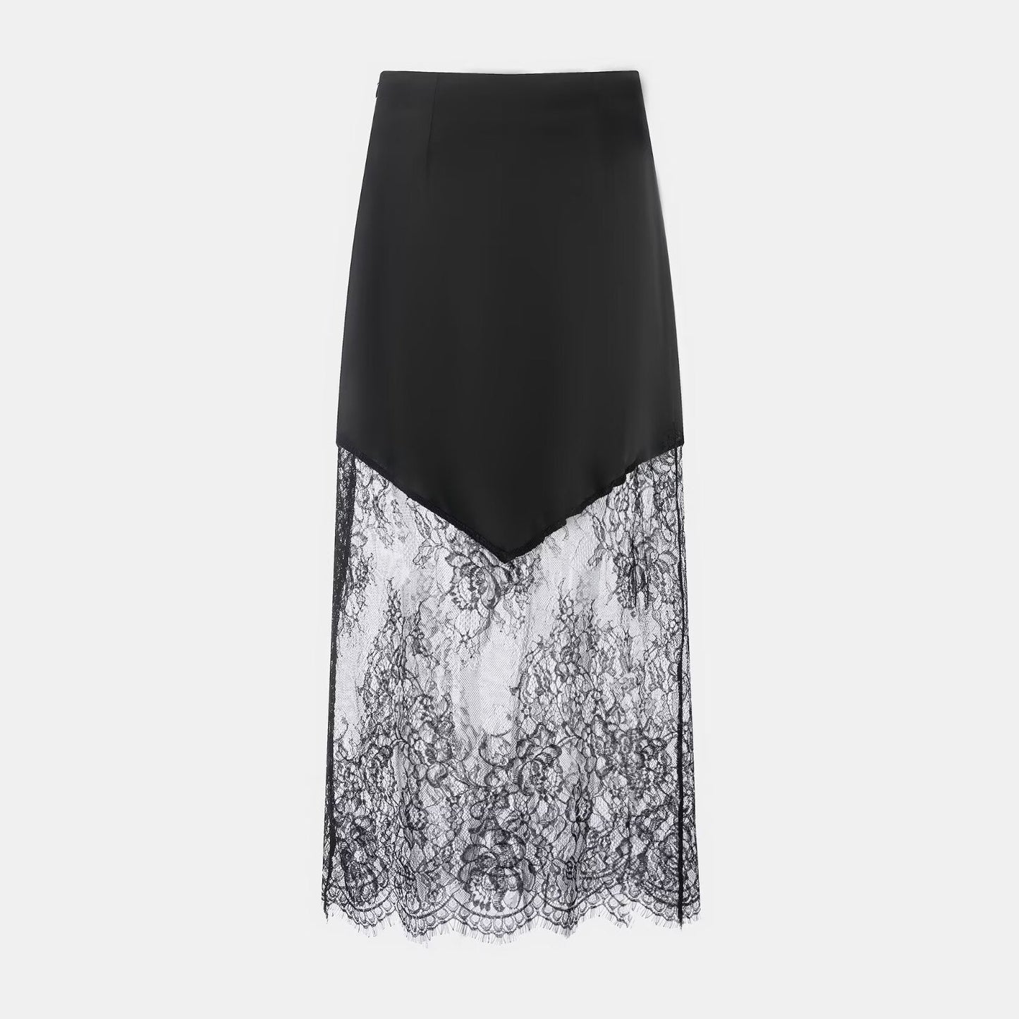 Ladies Sexy Satin Like Midi Skirt with Lace Peek a boo trim in Blk or Coffee Colorway