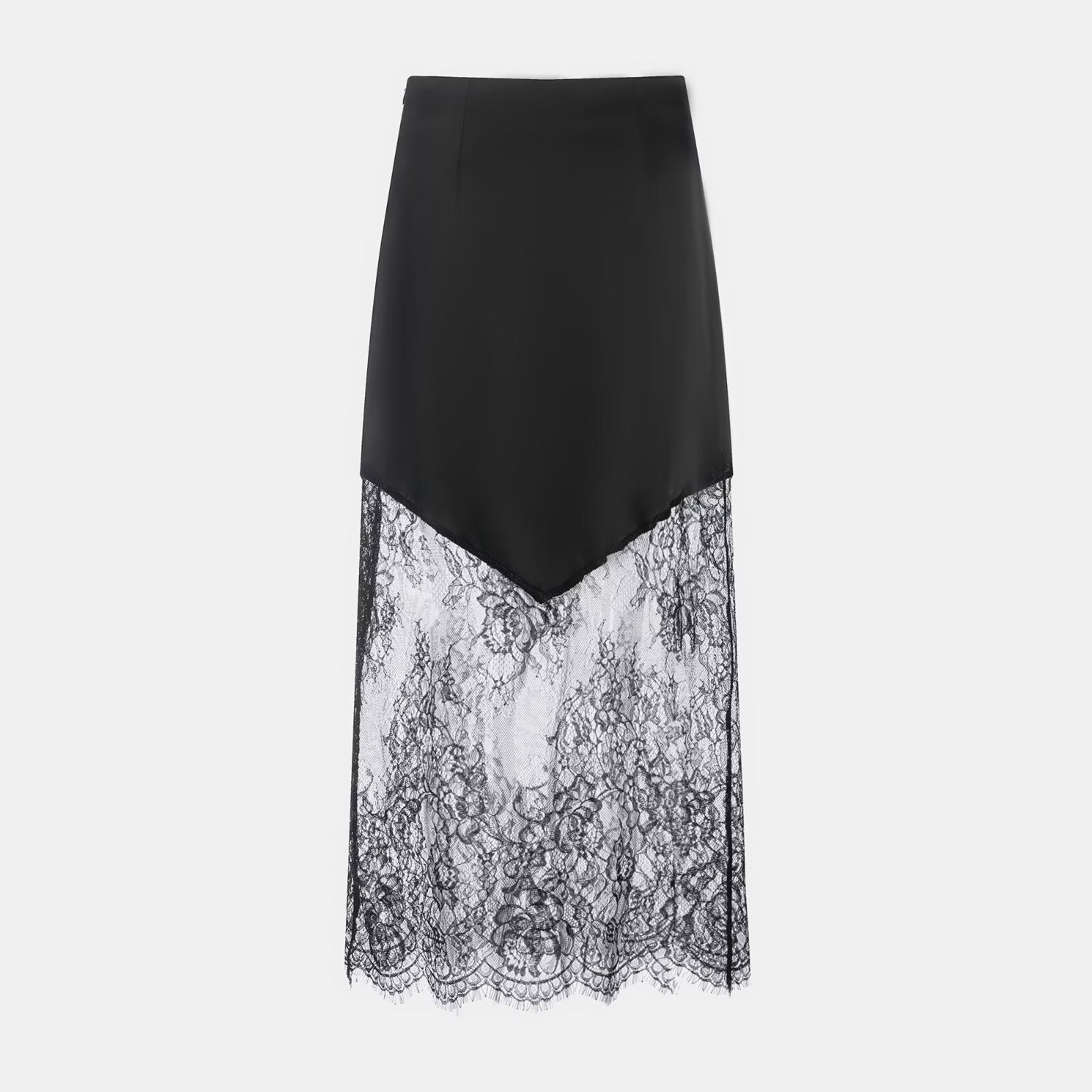 Ladies Sexy Satin Like Midi Skirt with Lace Peek a boo trim in Blk or Coffee Colorway