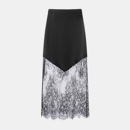 Ladies Sexy Satin Like Midi Skirt with Lace Peek a boo trim in Blk or Coffee Colorway