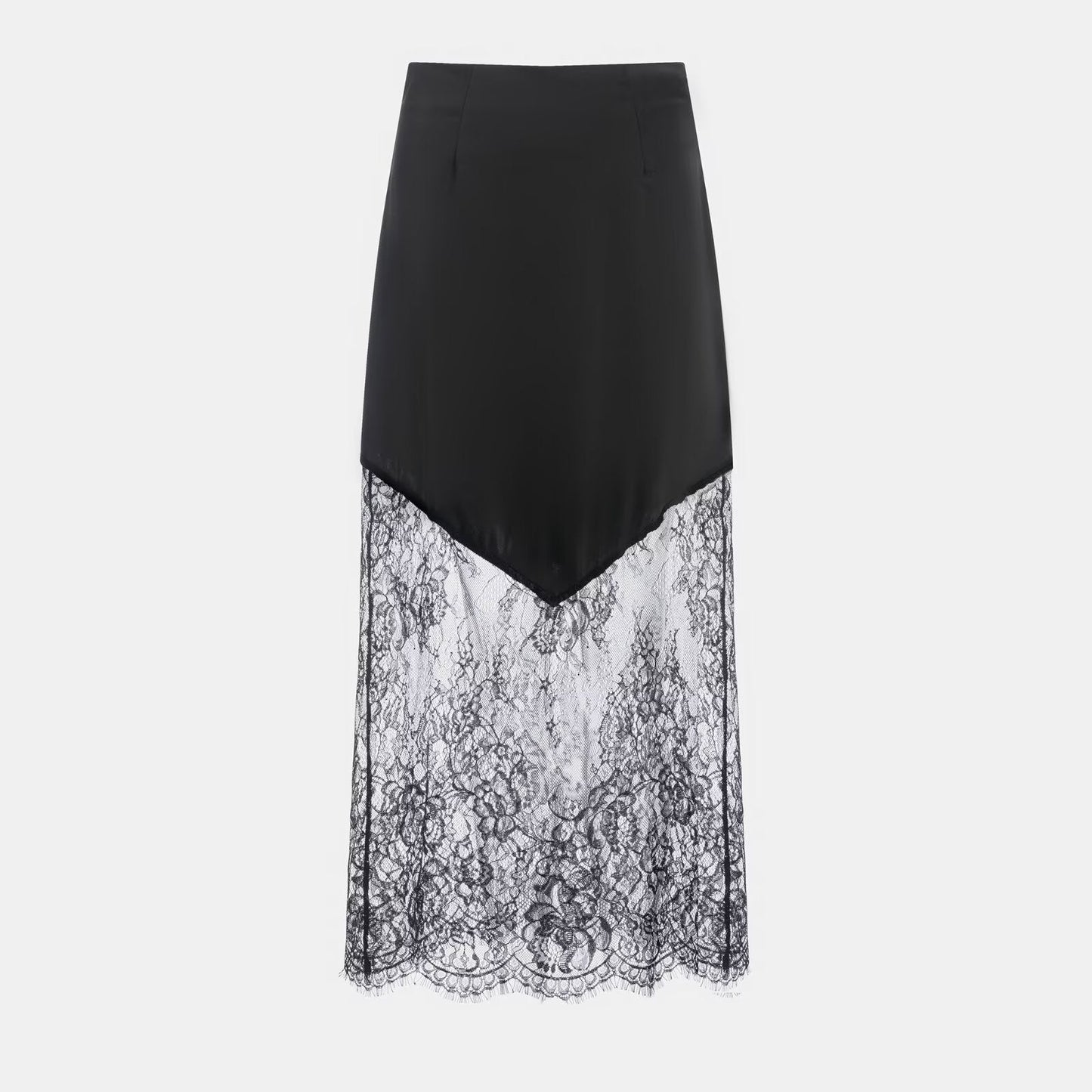 Ladies Sexy Satin Like Midi Skirt with Lace Peek a boo trim in Blk or Coffee Colorway Black
