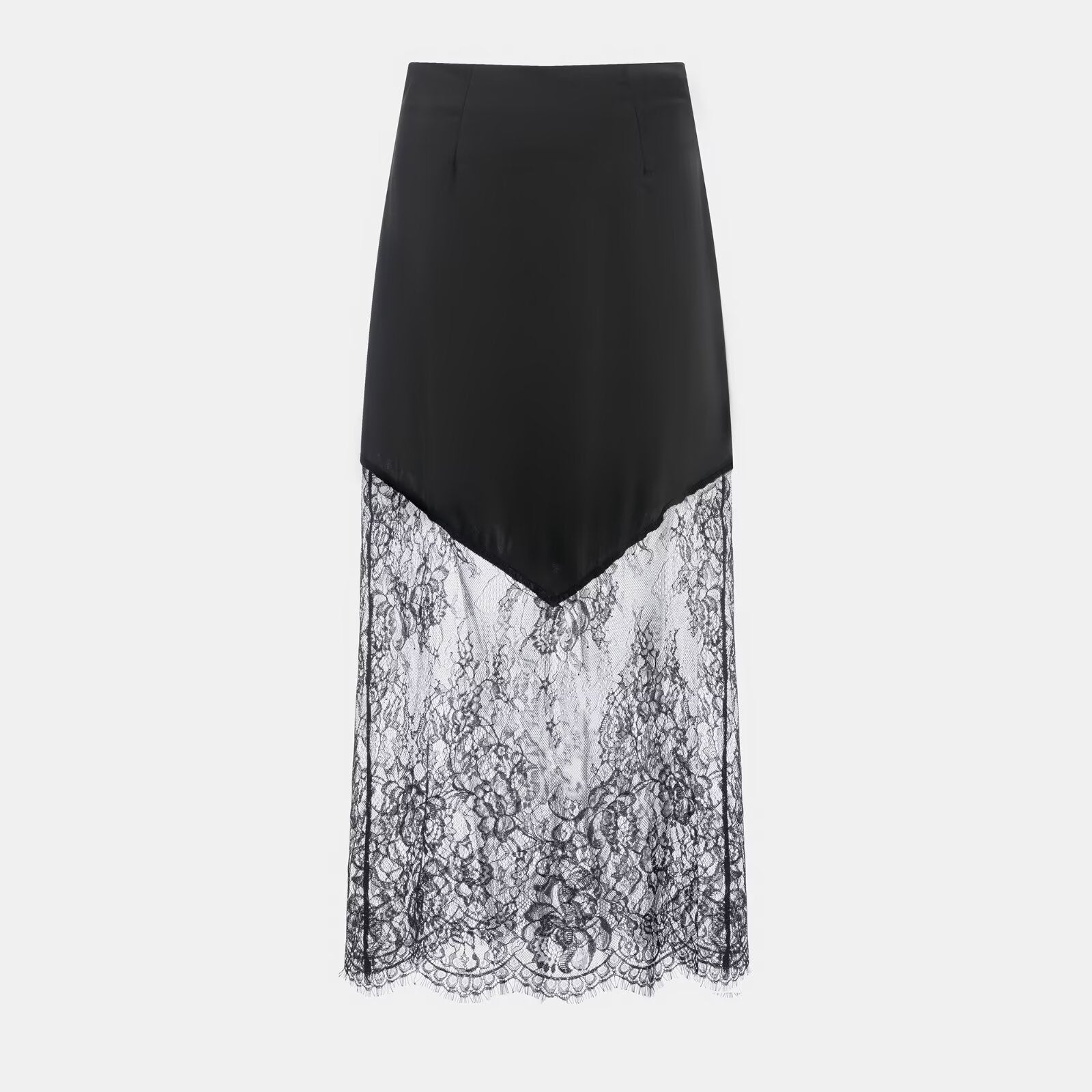 Ladies Sexy Satin Like Midi Skirt with Lace Peek a boo trim in Blk or Coffee Colorway Black