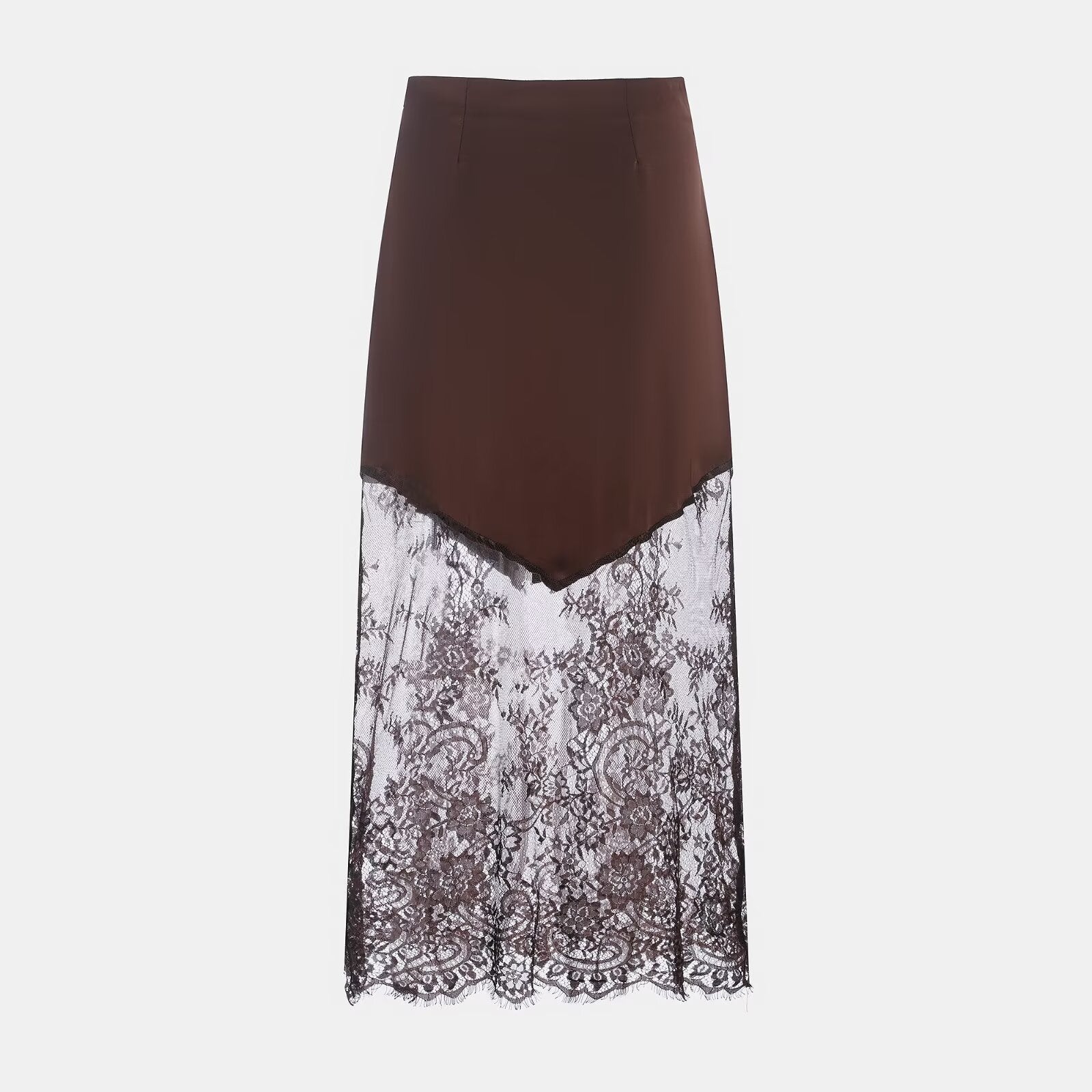 Ladies Sexy Satin Like Midi Skirt with Lace Peek a boo trim in Blk or Coffee Colorway Brown
