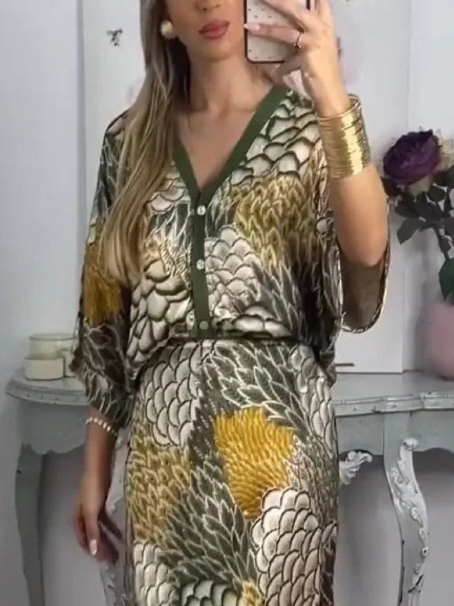 Retro Scale Print Satin Printed Batwing Sleeve Top Green Top