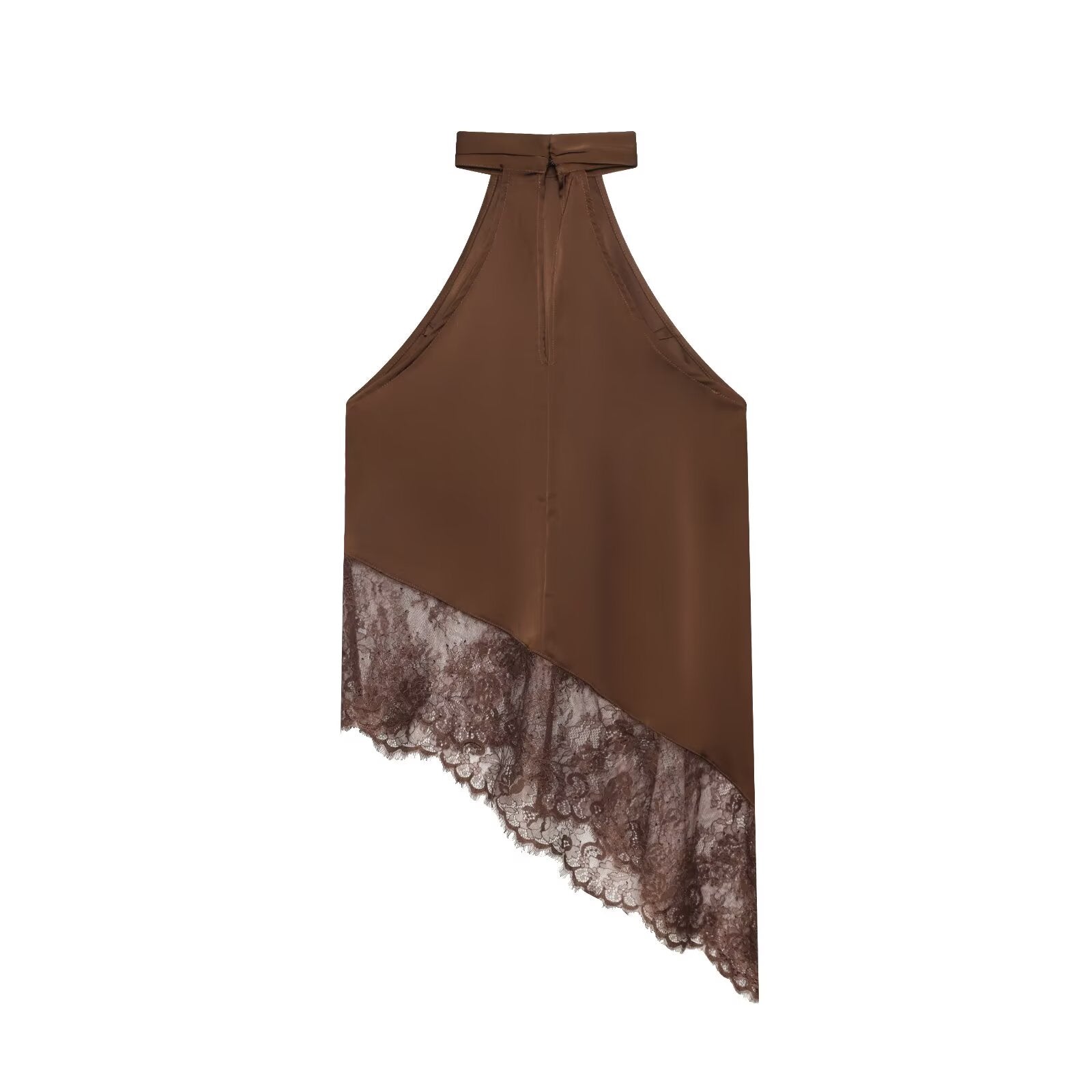 Sexy Satin-Like Sleeveless Top with Asymmetrical Lace Trim