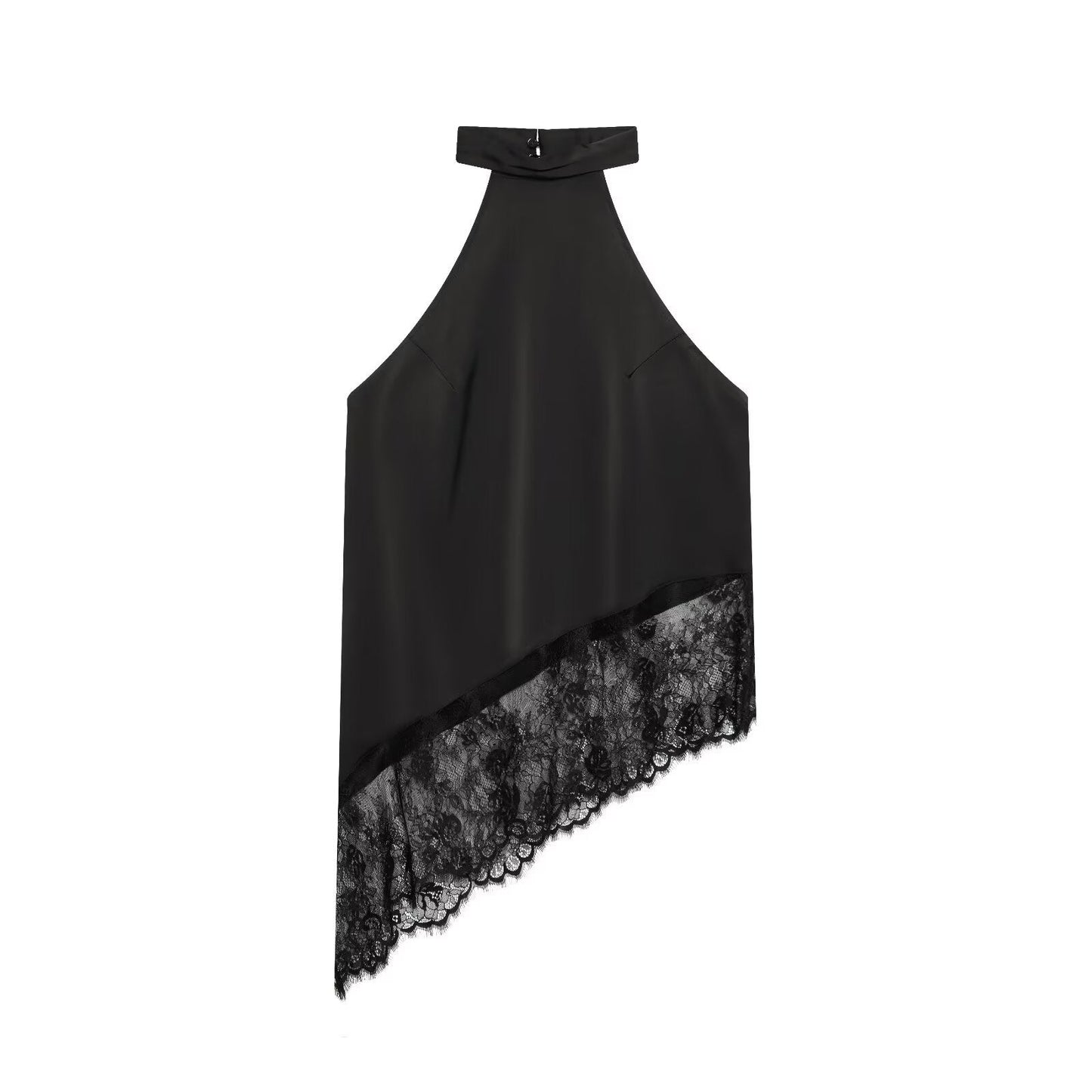 Sexy Satin-Like Sleeveless Top with Asymmetrical Lace Trim