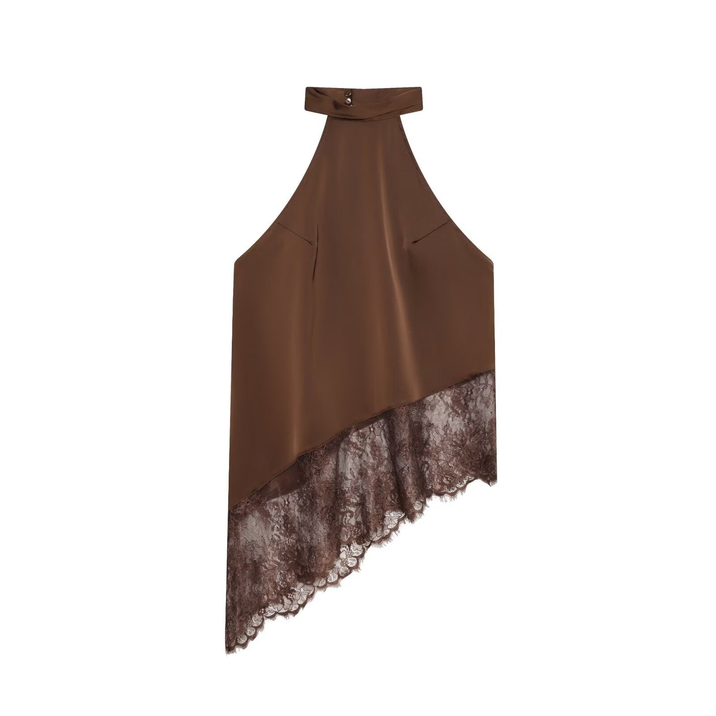Sexy Satin-Like Sleeveless Top with Asymmetrical Lace Trim Dark Brown