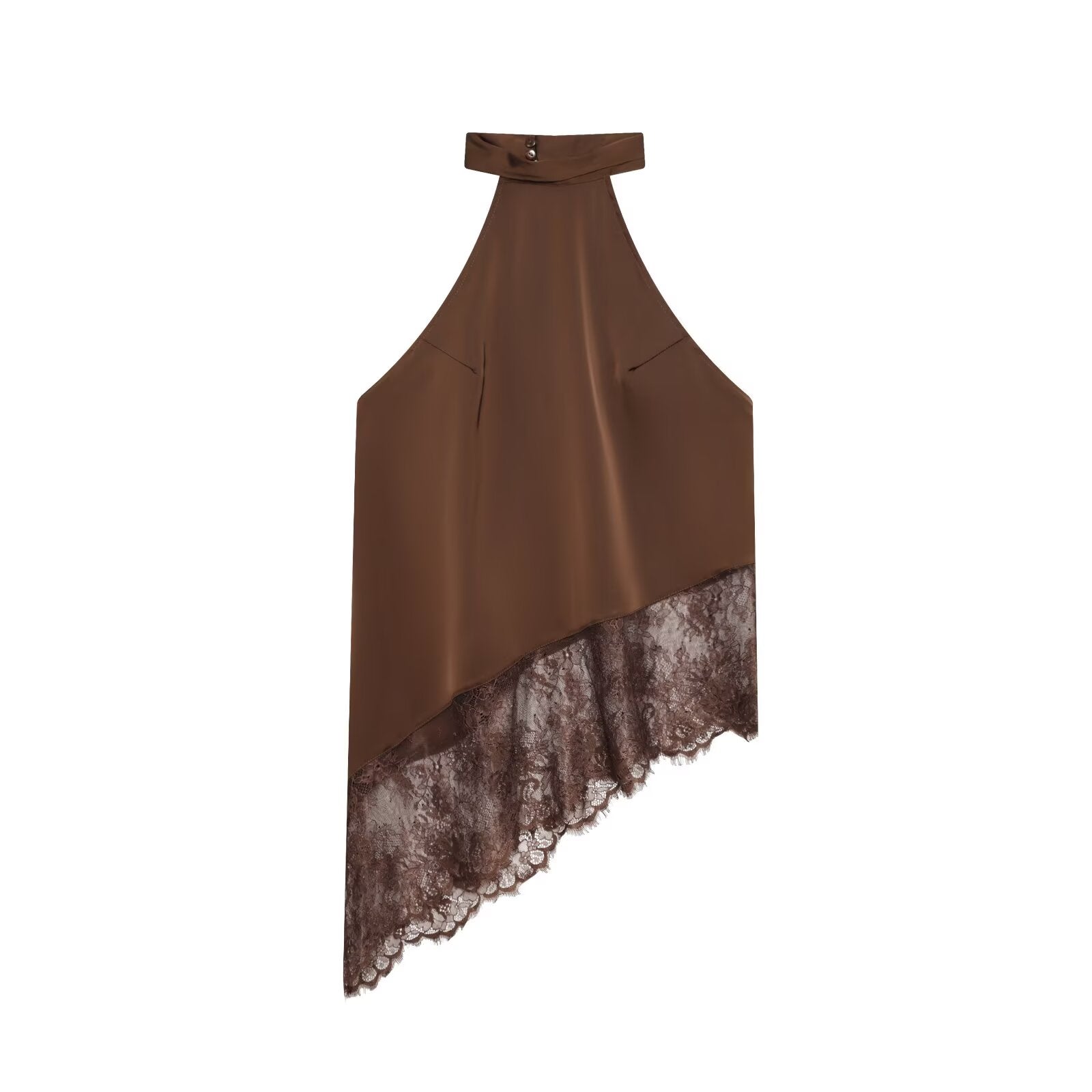 Sexy Satin-Like Sleeveless Top with Asymmetrical Lace Trim Dark Brown