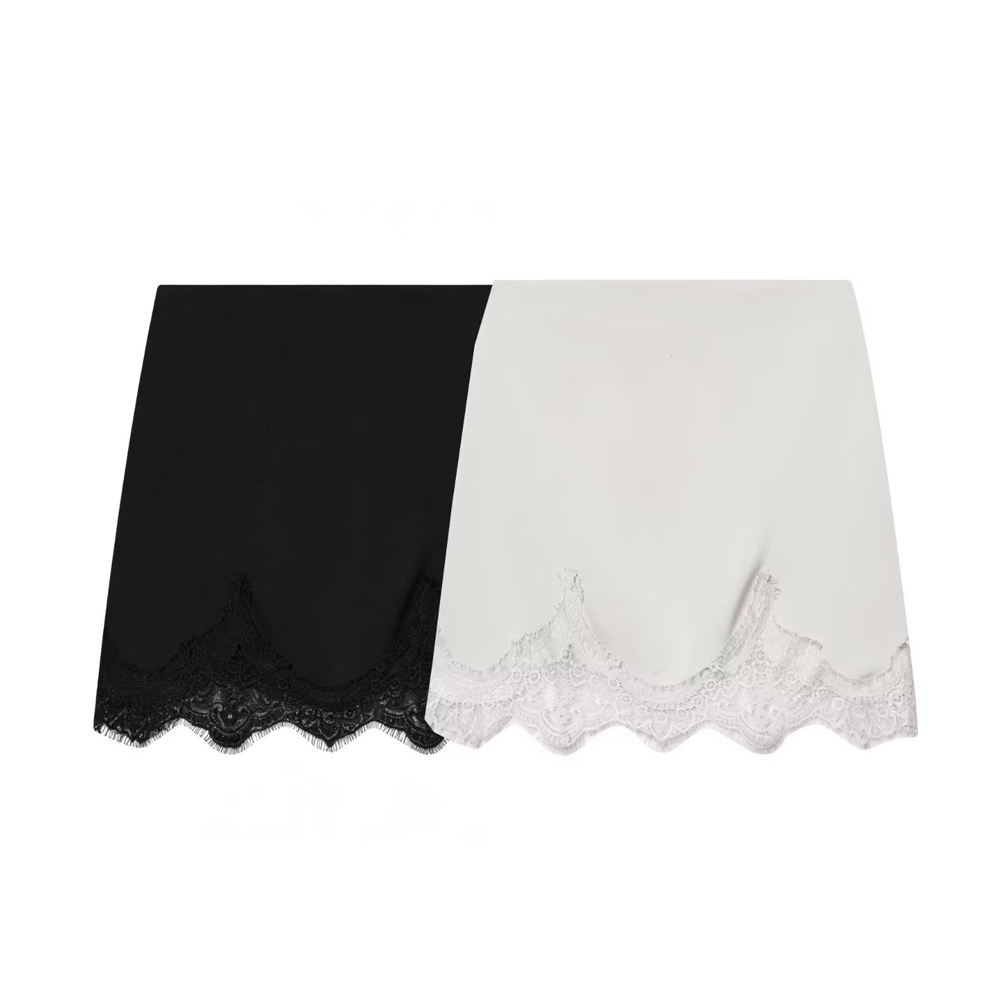 Satin Like Mini Skirt with Lace Trim in Black or Ivory
