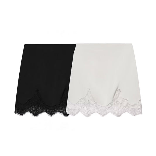 Satin Like Mini Skirt with Lace Trim in Black or Ivory
