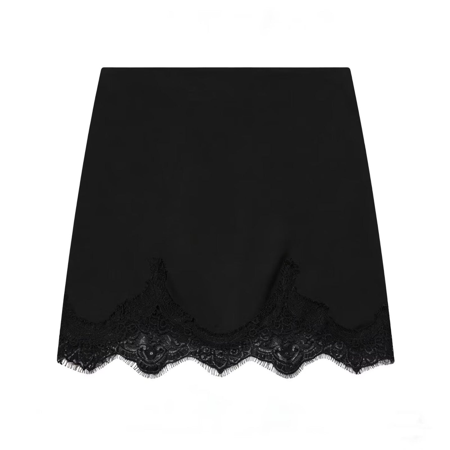Satin Like Mini Skirt with Lace Trim in Black or Ivory