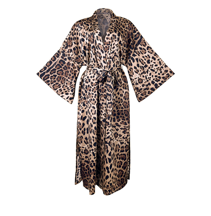 Sexy Leopard Print Long Robe W Bell Sleeve Leopard