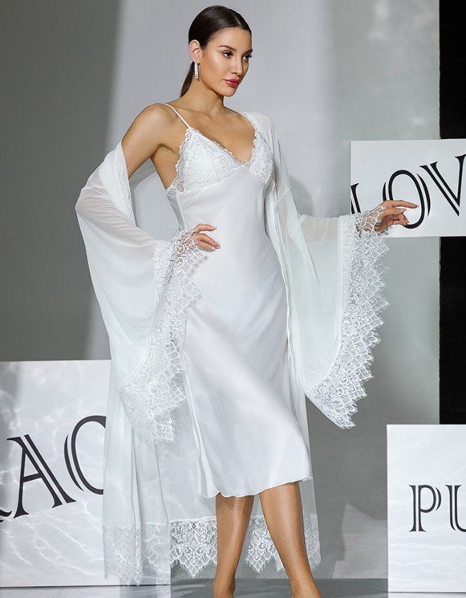 Sexy White 2-Pc set Satin Robe with Chemise Lace Trim Bell Sleeve Robe