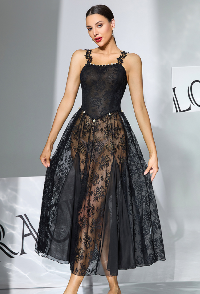 Sexy Lace See through Long Flowy Maxi w/ Pearl Detail Trim Black
