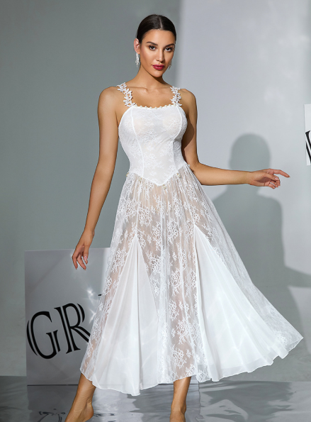 Sexy Lace See through Long Flowy Maxi w/ Pearl Detail Trim White