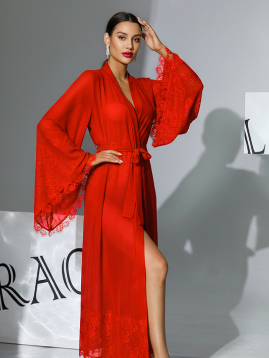 Lace Bell Sleeve Long Robe Chiffon w/ Eye Lash Trim Red