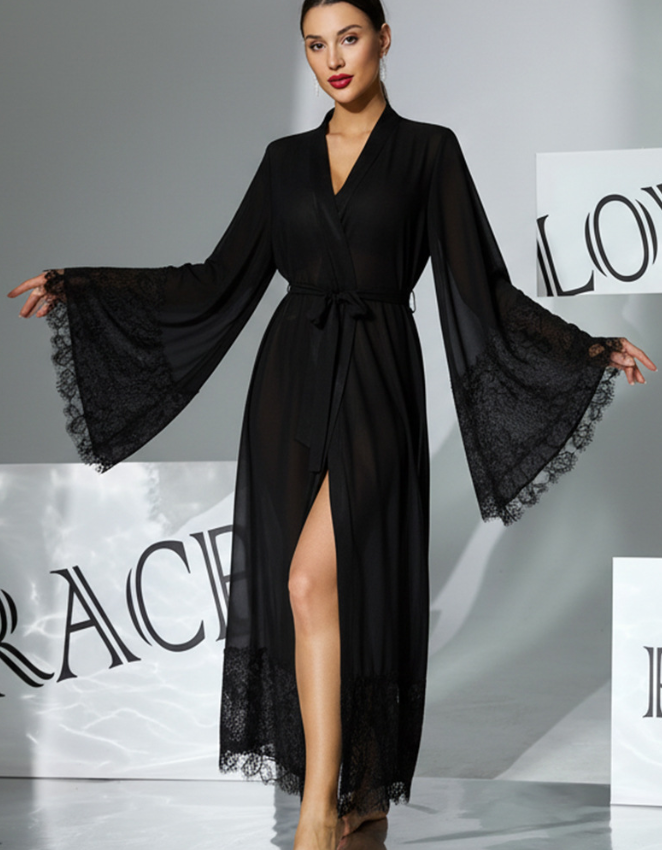 Lace Bell Sleeve Long Robe Chiffon w/ Eye Lash Trim Black
