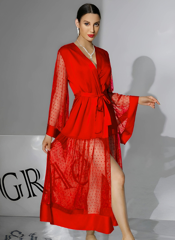 Satin Pea Mesh Dot Bell Sleeve Robe W/ Satin Belt Red