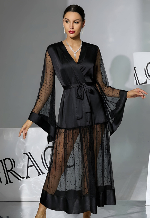 Satin Pea Mesh Dot Bell Sleeve Robe W/ Satin Belt Black