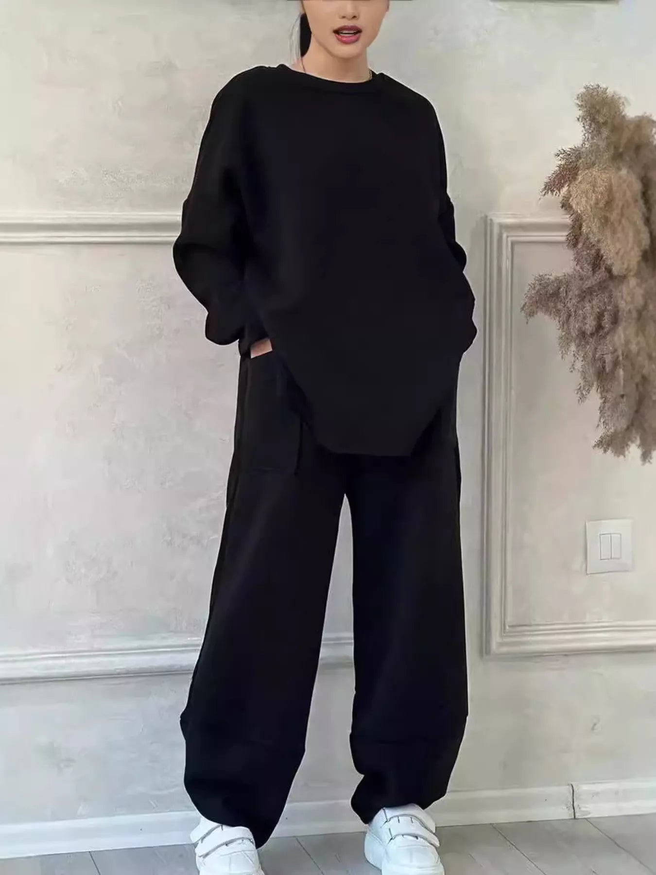 Full Size Oversized Round Neck Top and Pants Set Plus Size