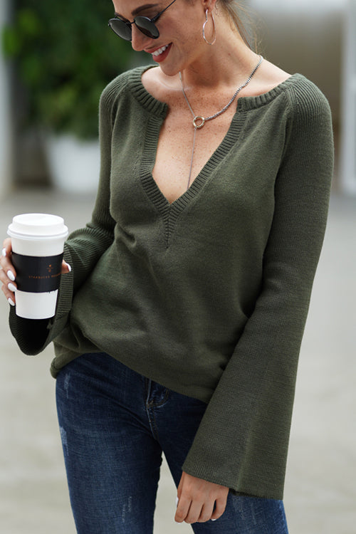 Sleepy Sunday V-Neck OL Knit Sweater - 5 Colors Olive Green