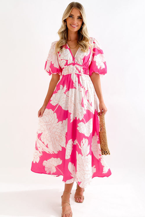 Real Love Print Puff Sleeve Maxi Dress - 6 Colors Pink & White