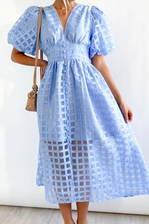 Garden Of Romance Puff Sleeve Midi Dress - 9 Colors Light Blue
