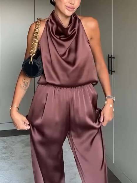 Elegant Halter Neck Swing Collar Top And Wide Leg Pants Suit-Top Brown