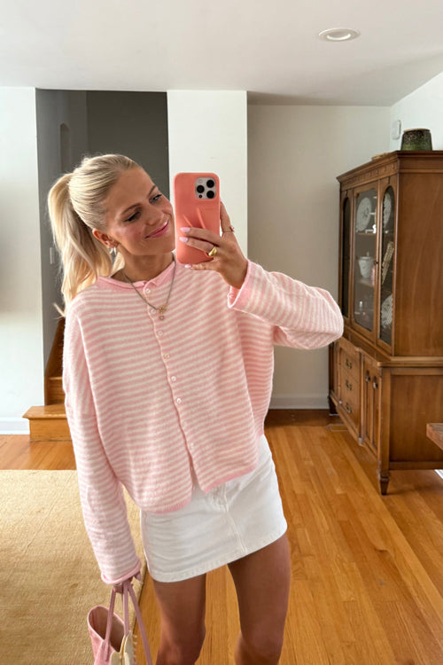 Attractively Cozy Soft Striped Knit Cardigan - Light Pink