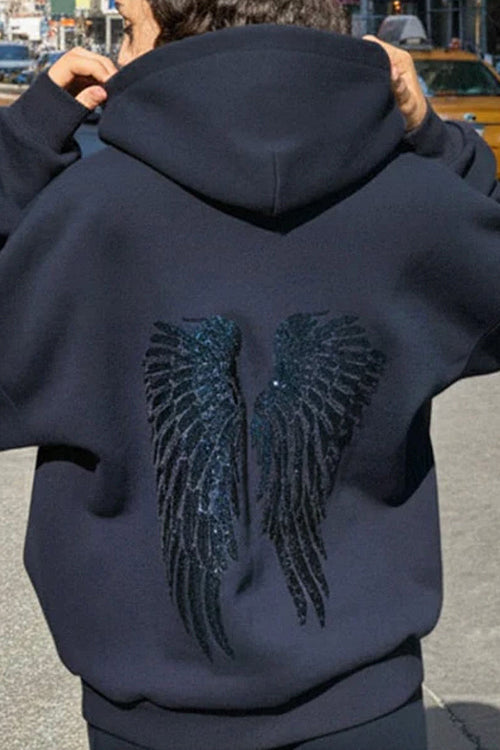 Casual Energy Sequin Wing Graphic Relaxed Hoodie