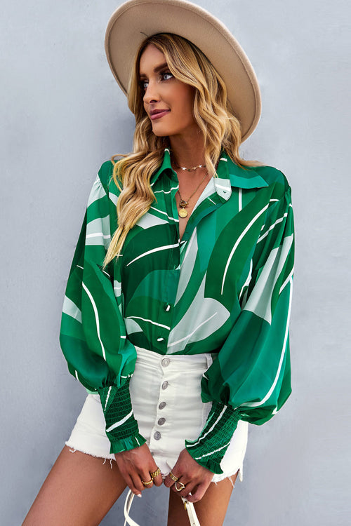 Life Of Love Print Button Down Smocked Top - 7 Colors Green