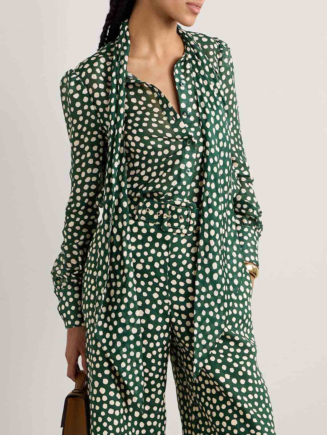 Retro Playful Bow Polka Dot Print Shirt Dark Green