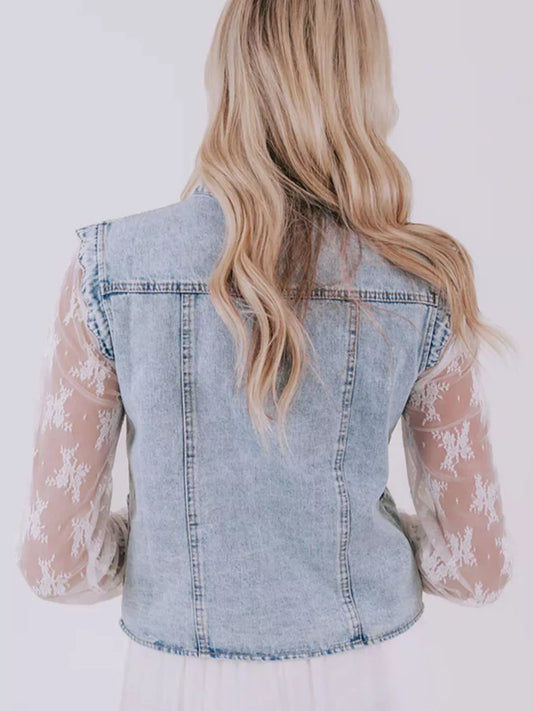 Scalloped Trim Patch Pocket Button Front Denim Vest