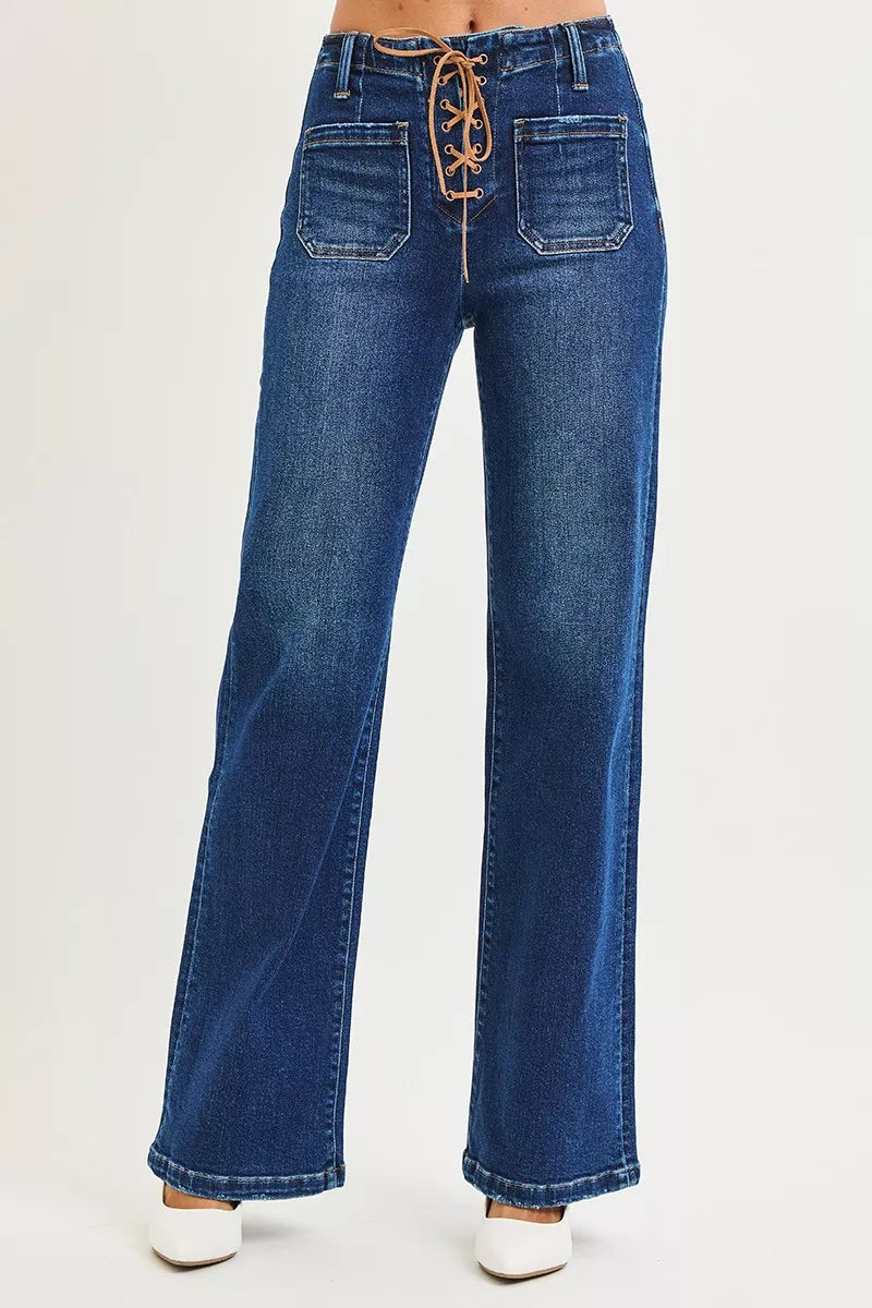 RISEN Full Size High Rise Wide Leg Jeans with Front Tie Detail Plus Size DARK