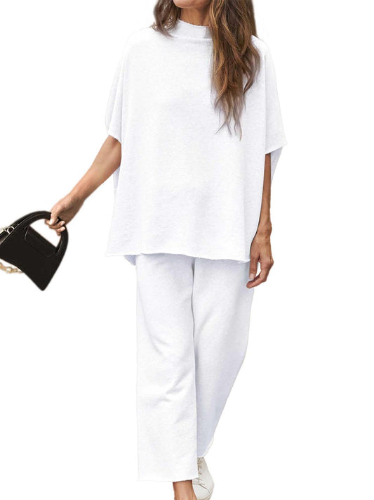 Limited time sale🔥Women's 2 Piece Outfits 3/4 Batwing Sleeve Pullover Top Wide Leg Pants Lounge Set