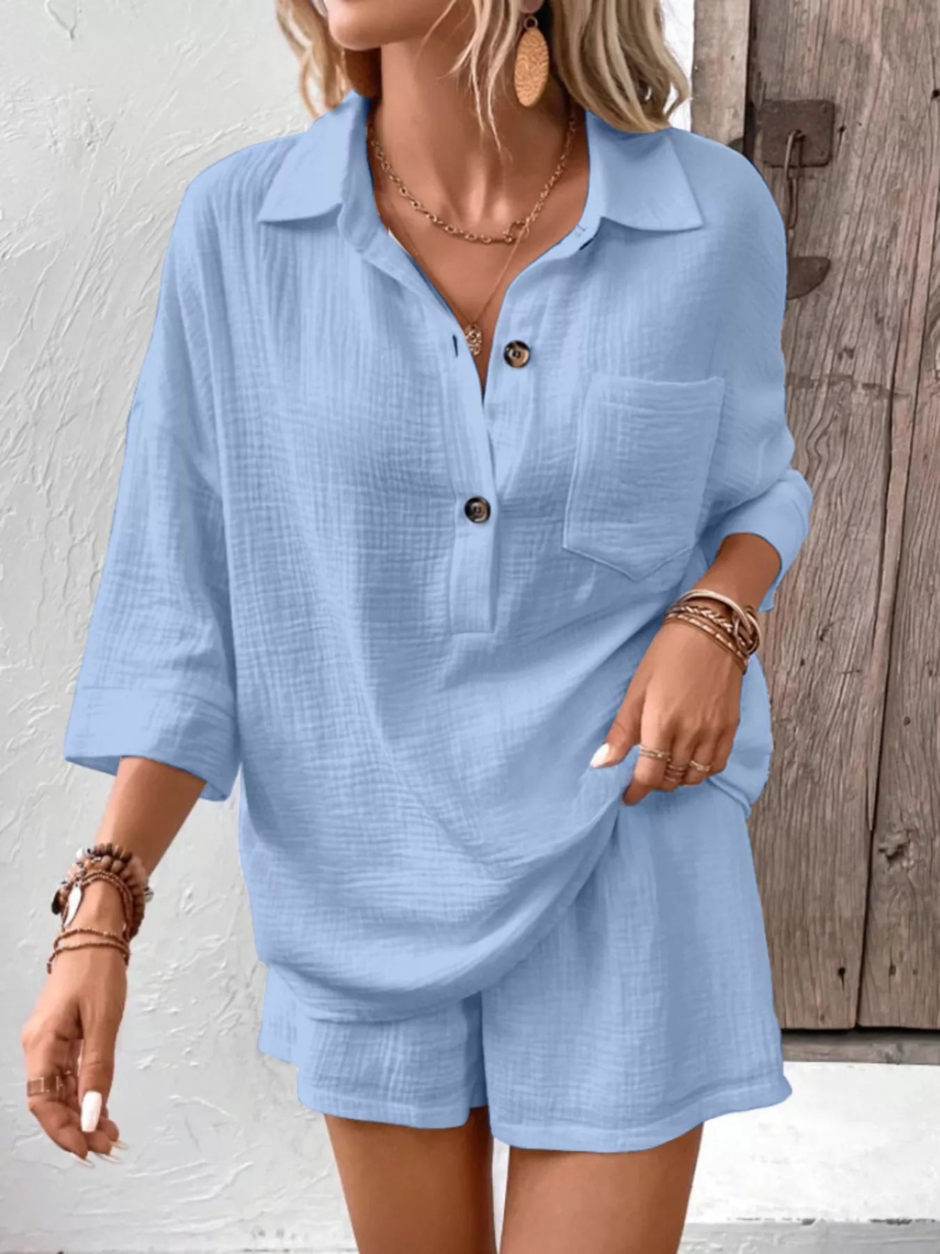 Button Detail Top and Shorts Set