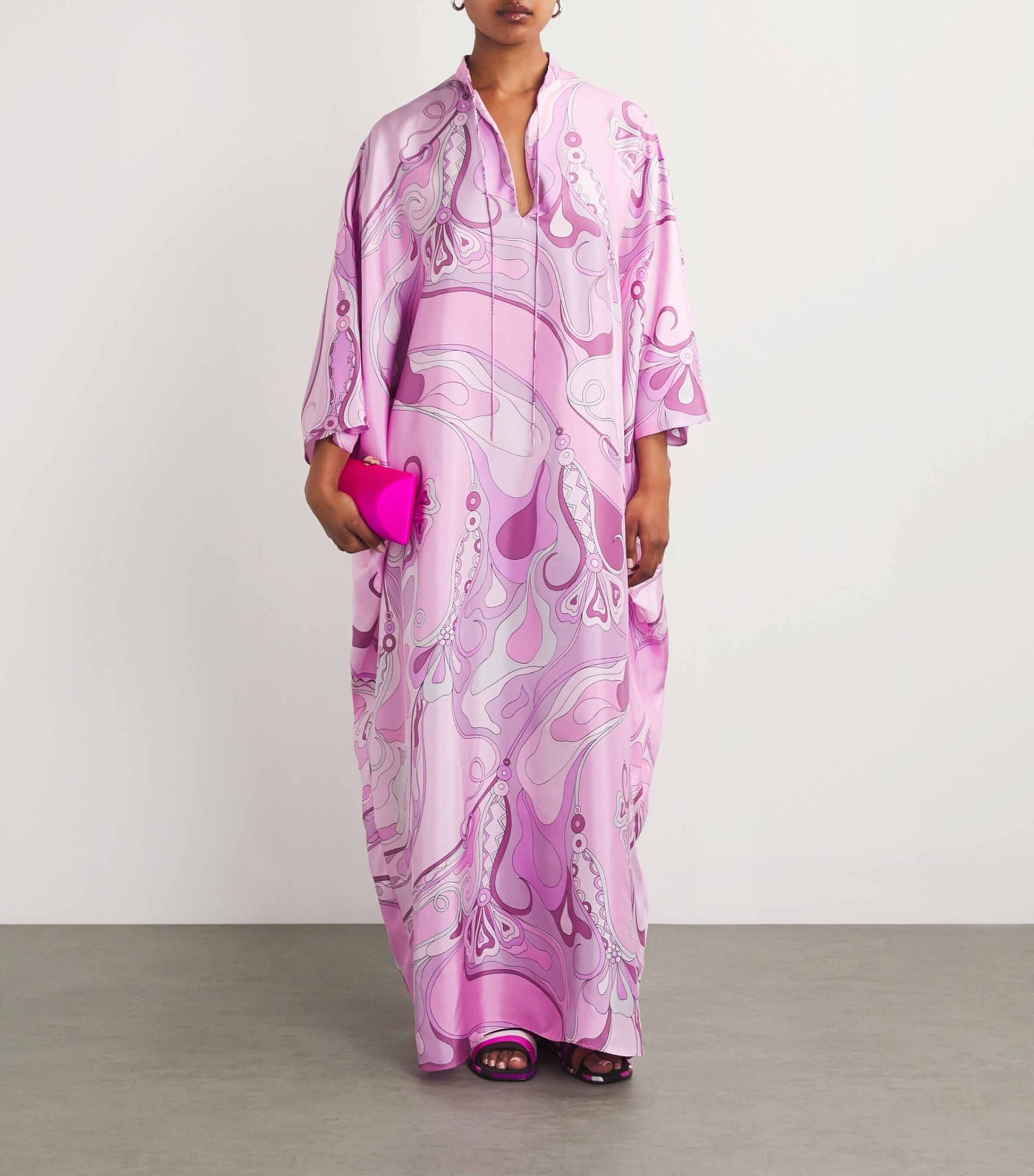 Retro Glam Pink Swirl Print Kaftan Maxi Dress Purple