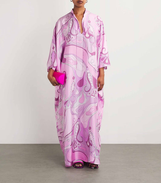 Retro Glam Pink Swirl Print Kaftan Maxi Dress Purple