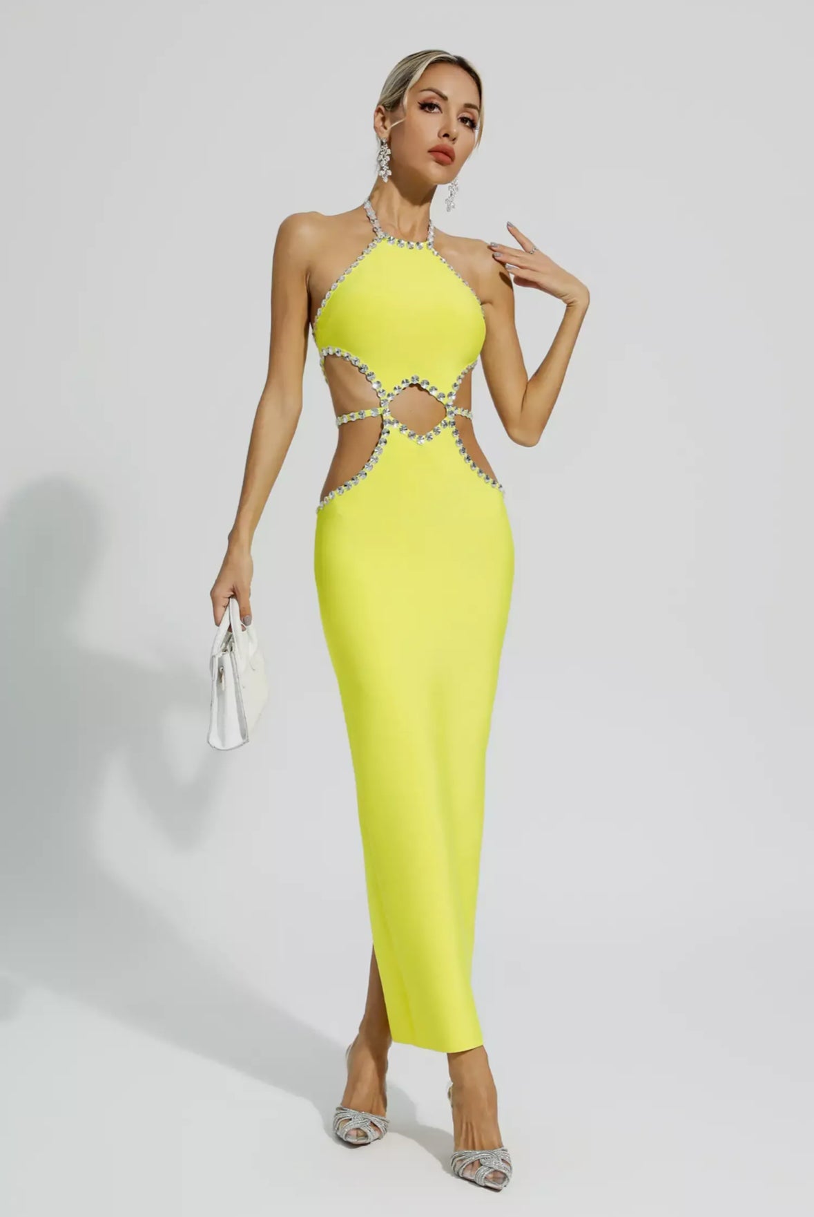 Yellow cutout rhinestone maxi dress